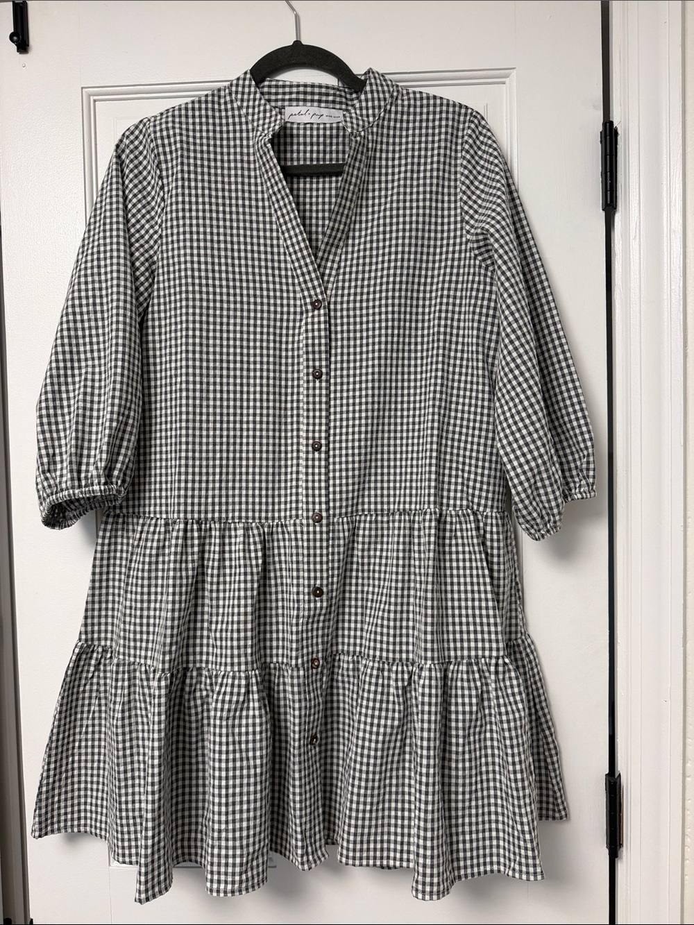 Petal & Pup Black and White Gingham Button-Front Tiered Dress